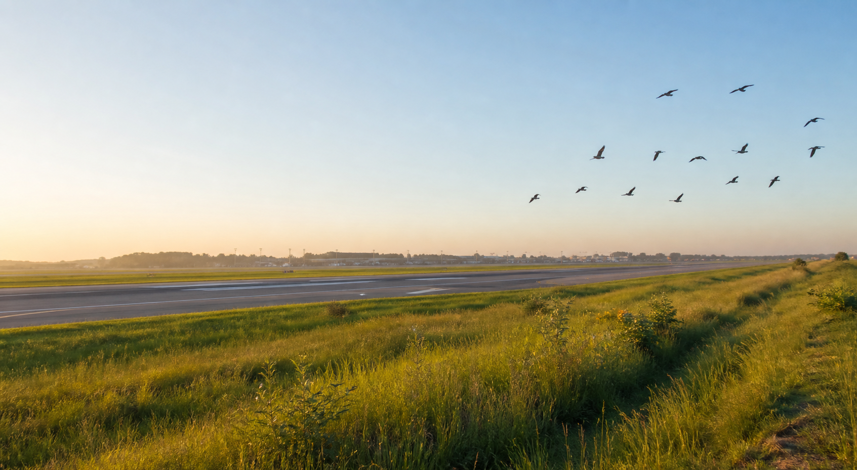 Pista de aeroporto com aves em voo no entorno