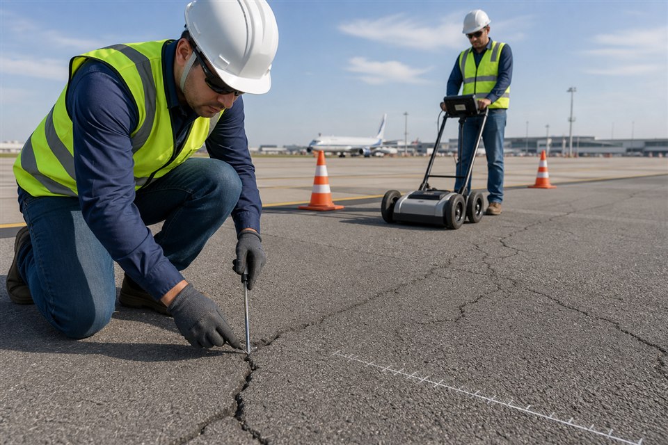 Pavimento de pista aeroportuária durante inspeção técnica