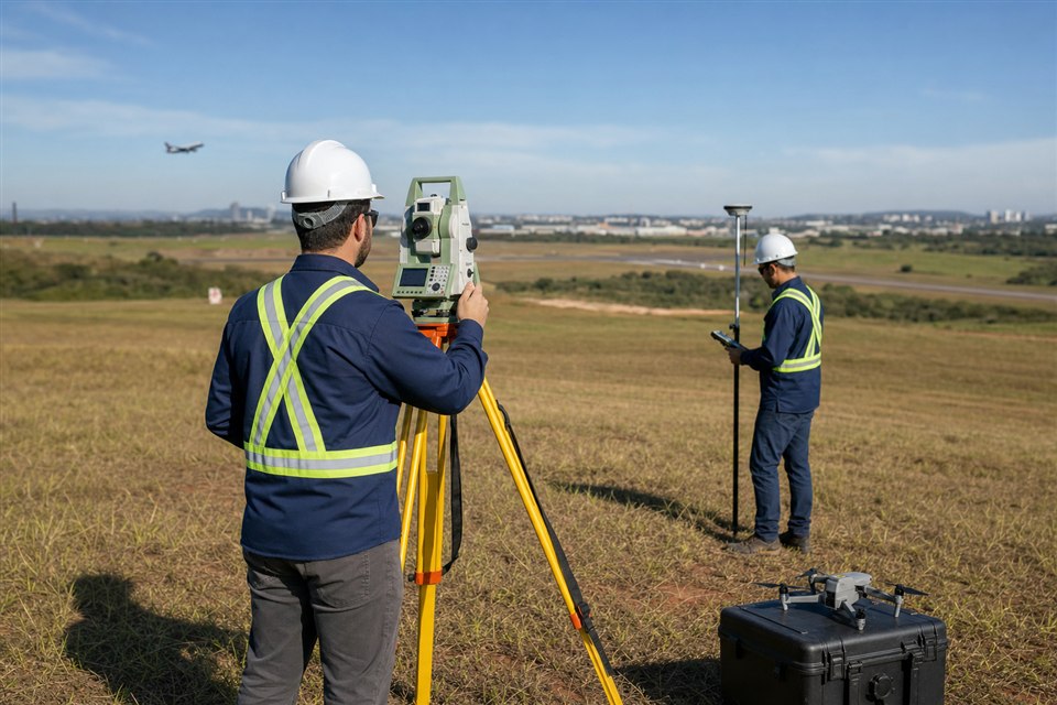 Equipamento GNSS RTK sobre marco topográfico em levantamento de campo