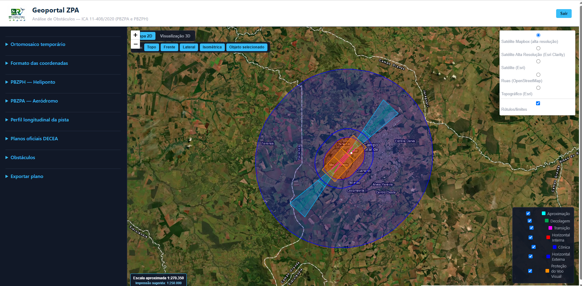 Interface do Geoportal ZPA exibindo as superfícies de proteção de um aeródromo